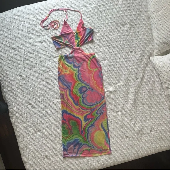 AFRM Tie-Dye Pink and Yellow Abstract Bodycon Halter Tessa Mesh Midi Dress Small - Picture 11 of 13